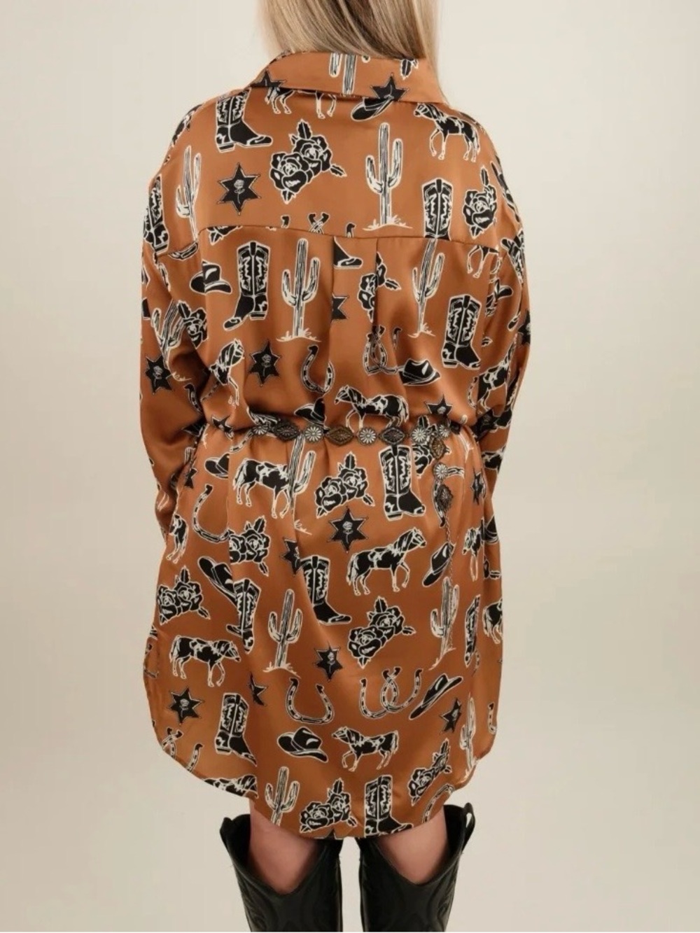 Western Shirt Dress Camel Toffee Brown Country Horse Rodeo Horseshoe Cowgirl - Picture 2 of 14